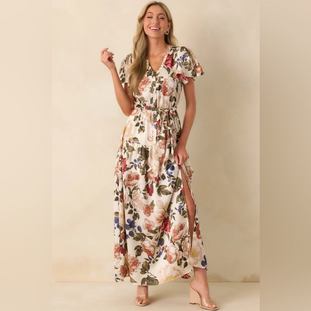 NWT! Staying True Ivory Multi Floral Print Satin Maxi Dress